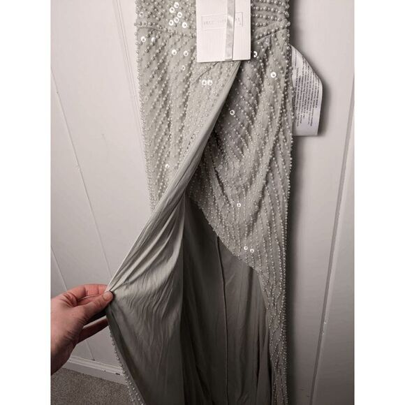 NWT Mac Duggal Women’s One Shoulder Beaded Maxi Dress Silver Size 6 - Picture 4 of 11